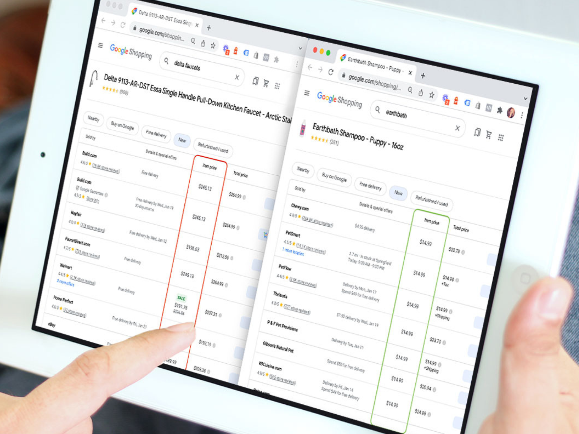Price-Transparency-Emphasizes-Value,-Not-Just-Price.png Computer screen comparing two Google Shopping tabs