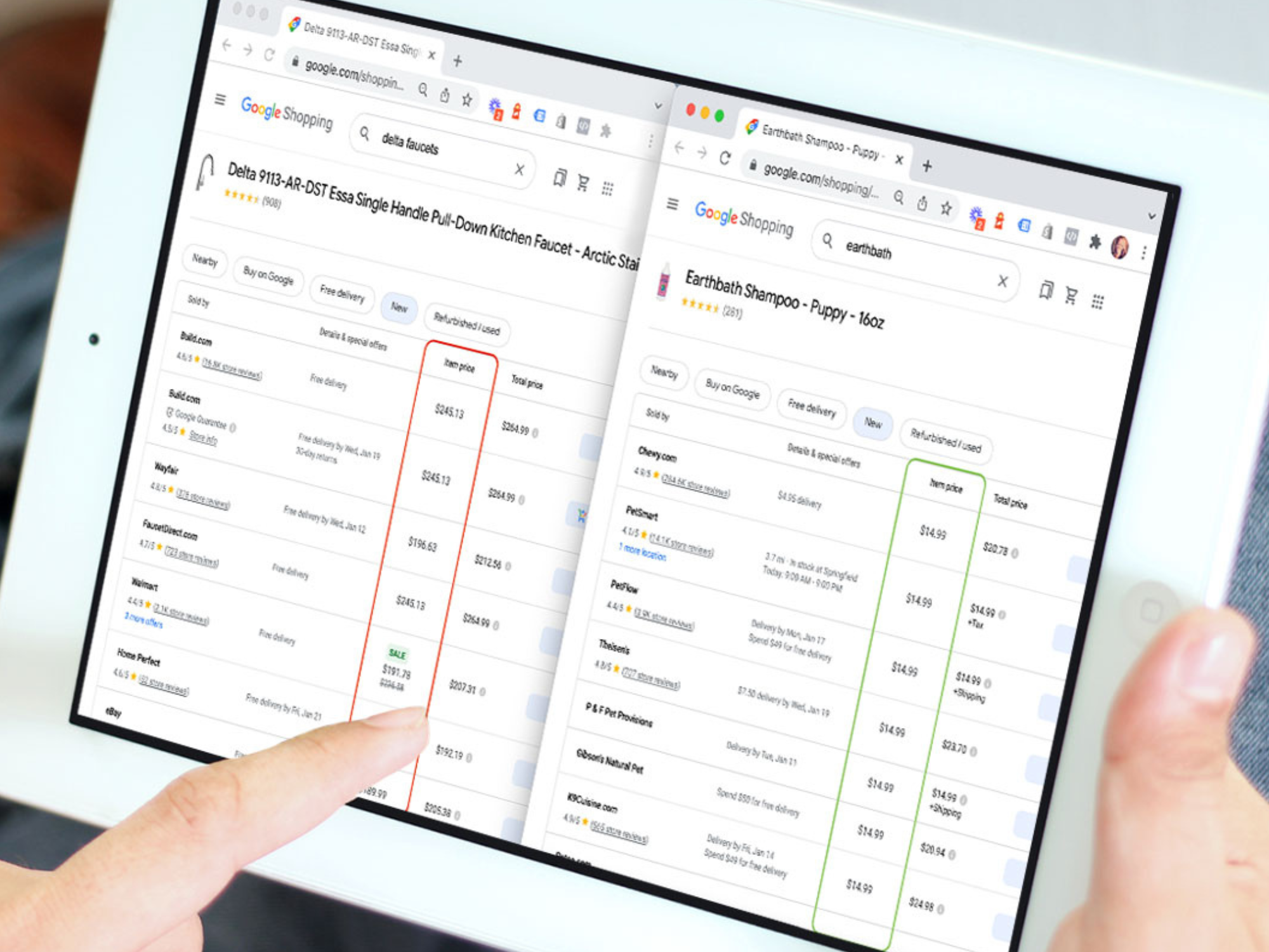 Computer screen comparing two Google Shopping tabs