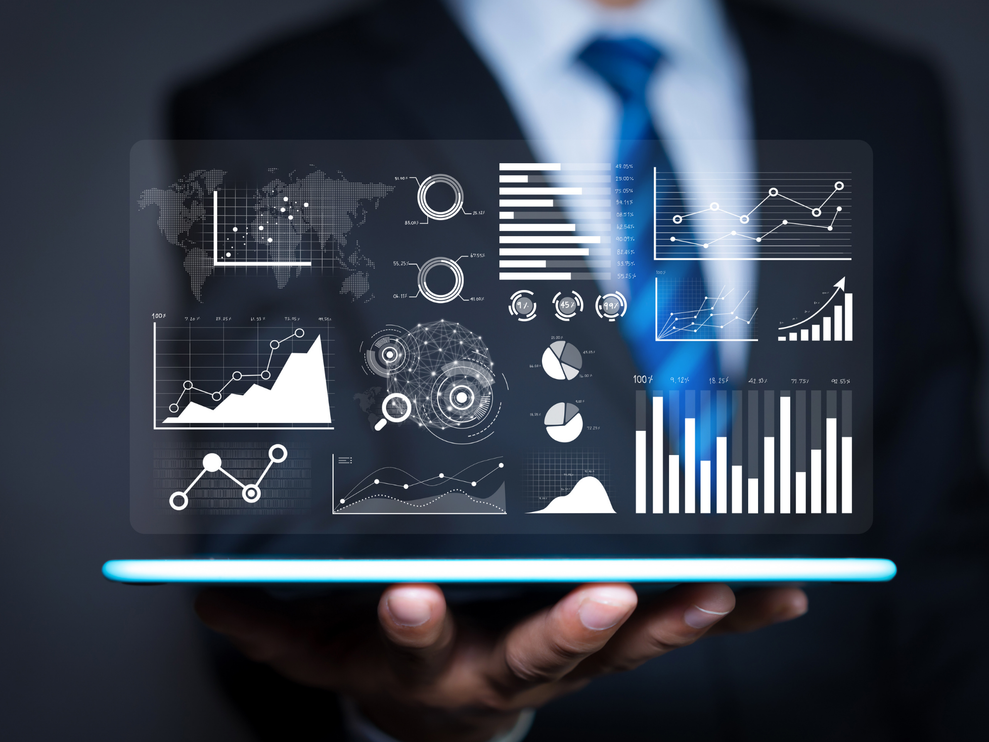 Analysis Modeling Holographic Display by Man in Business Attire