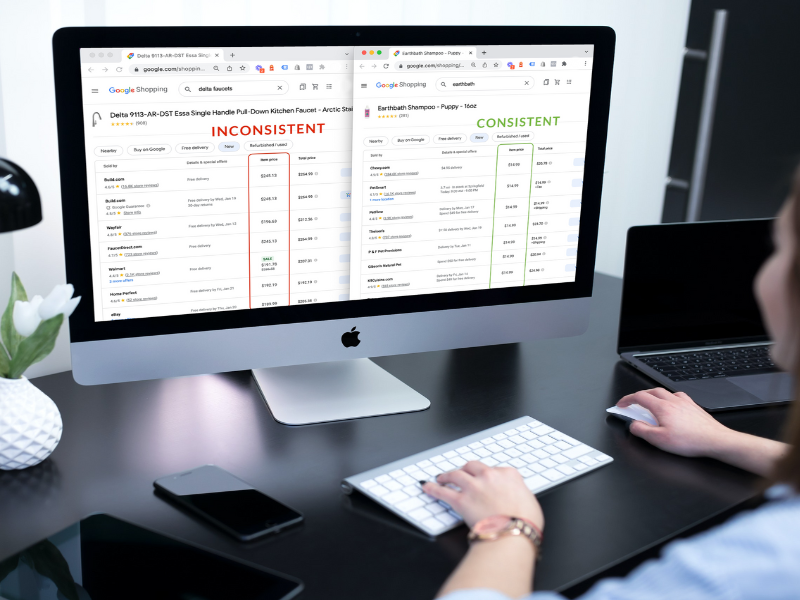 Inconsistent vs consistent pricing shown on a laptop screen for products in an ecommerce marketplace