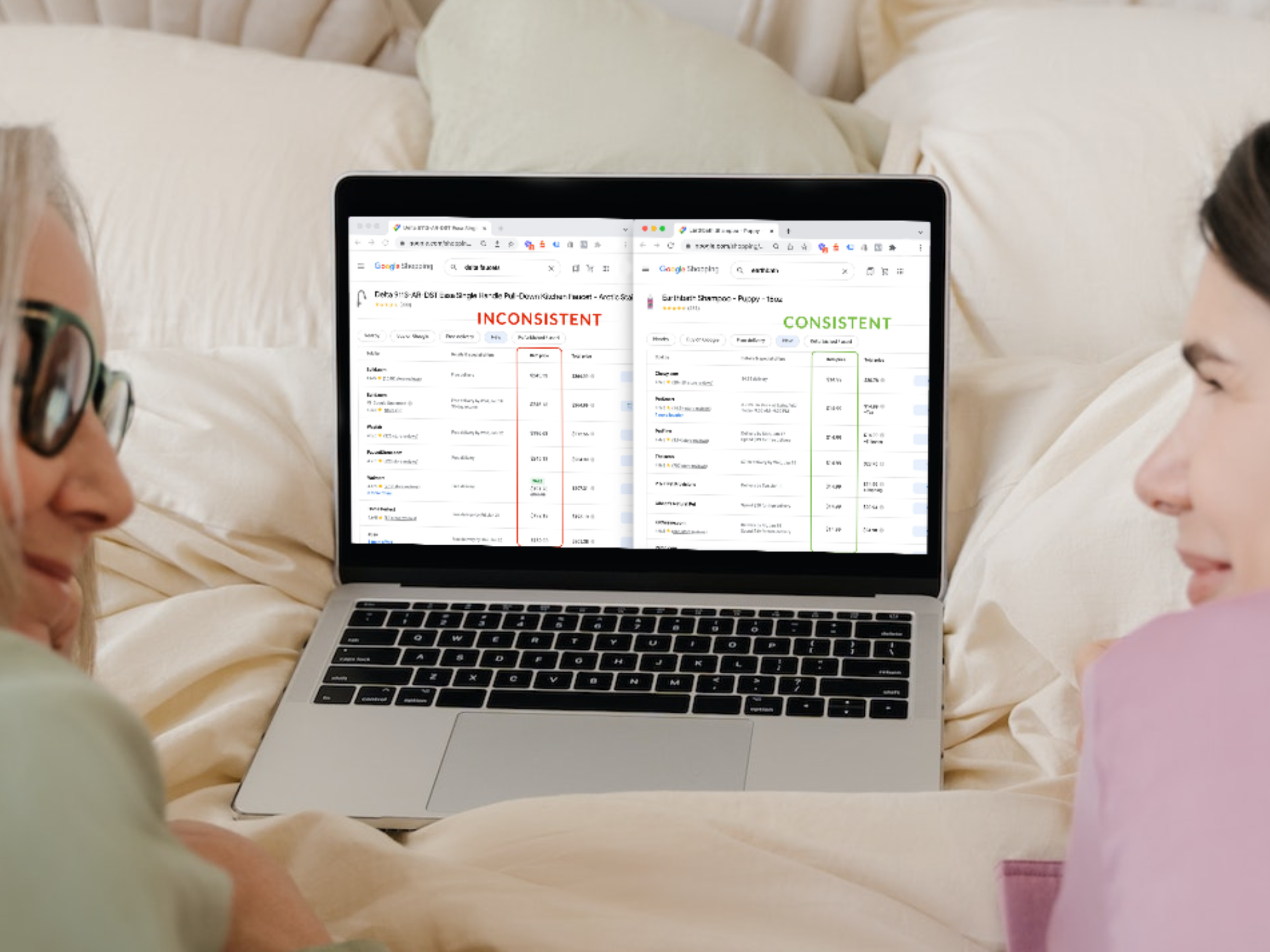 Inconsistent vs consistent pricing shown on a laptop screen for products in an ecommerce marketplace
