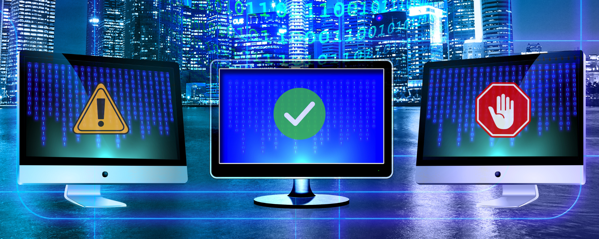 Three computer screens showing icons to denote monitoring and identifying violations - Common Challenges that Brands Face when Enforcing MAP