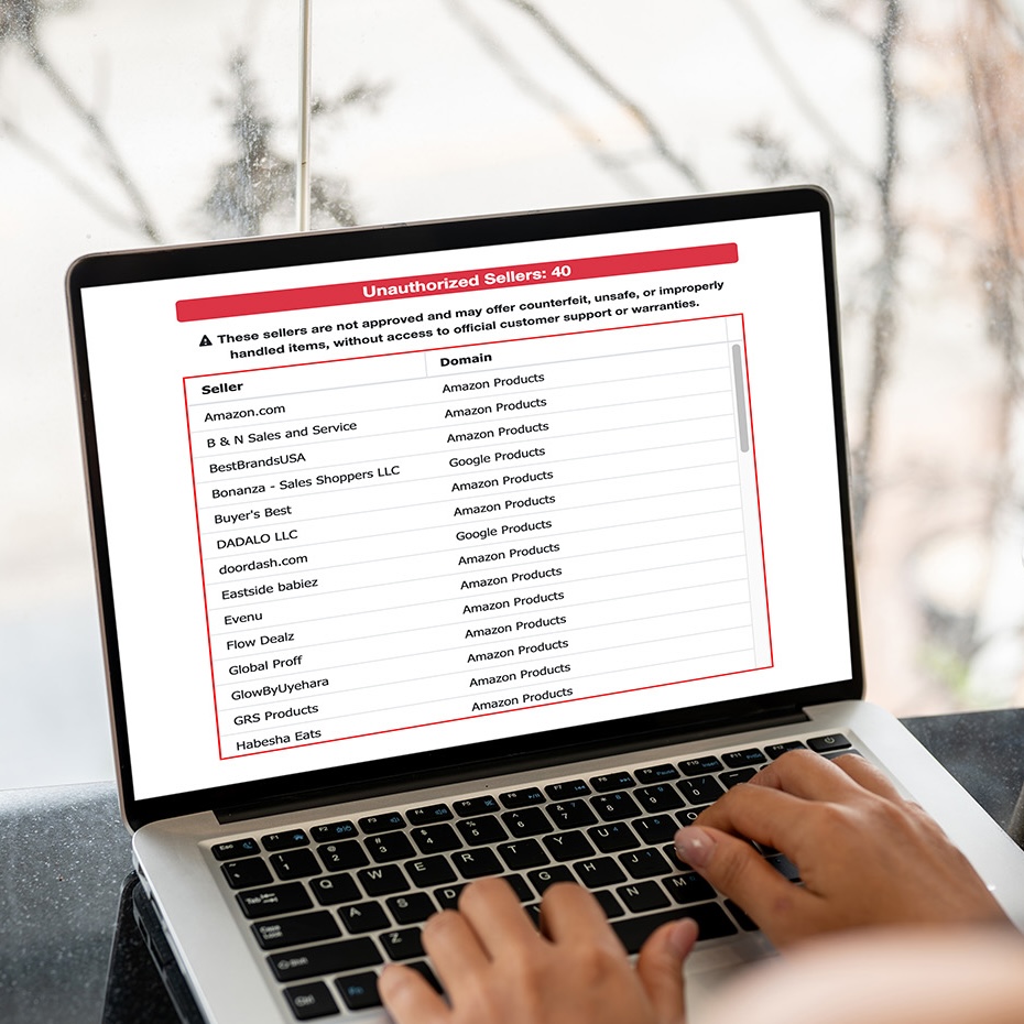 laptop displaying list of unauthorized sellers